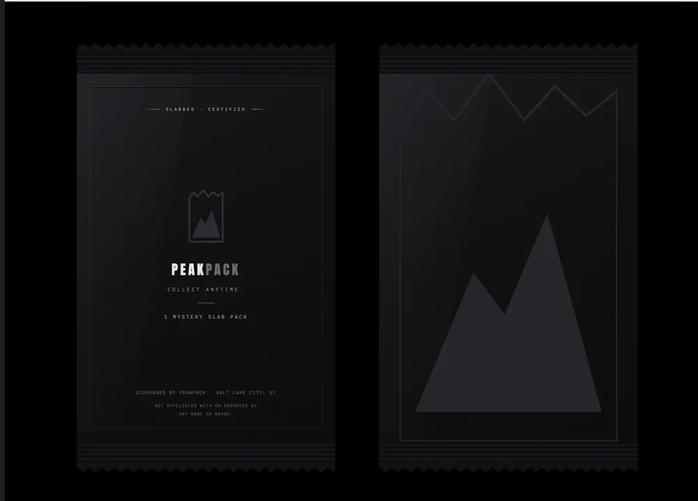 Black PEAKPACK Mystery Slab pouch mockup; packaging is not yet available